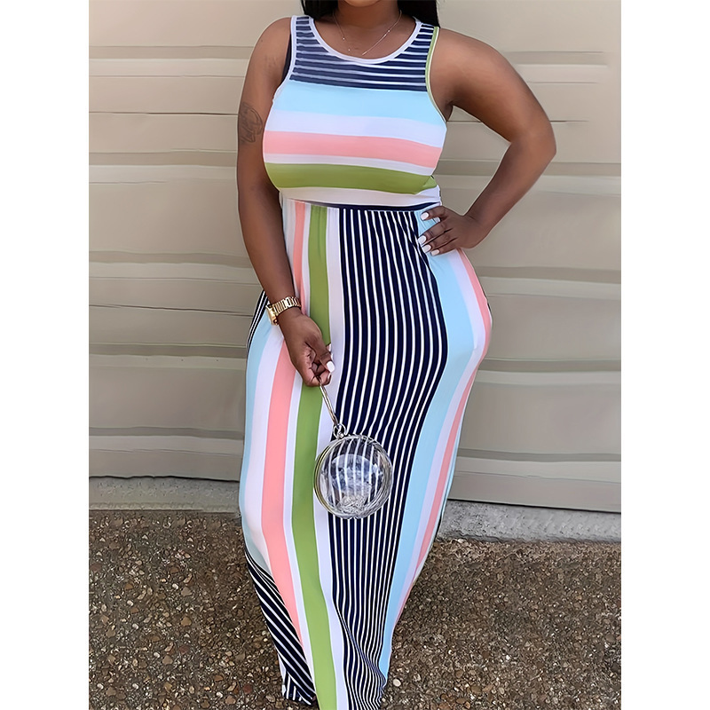 Sleeveless Round Neck Striped Print Bodycon Dress
