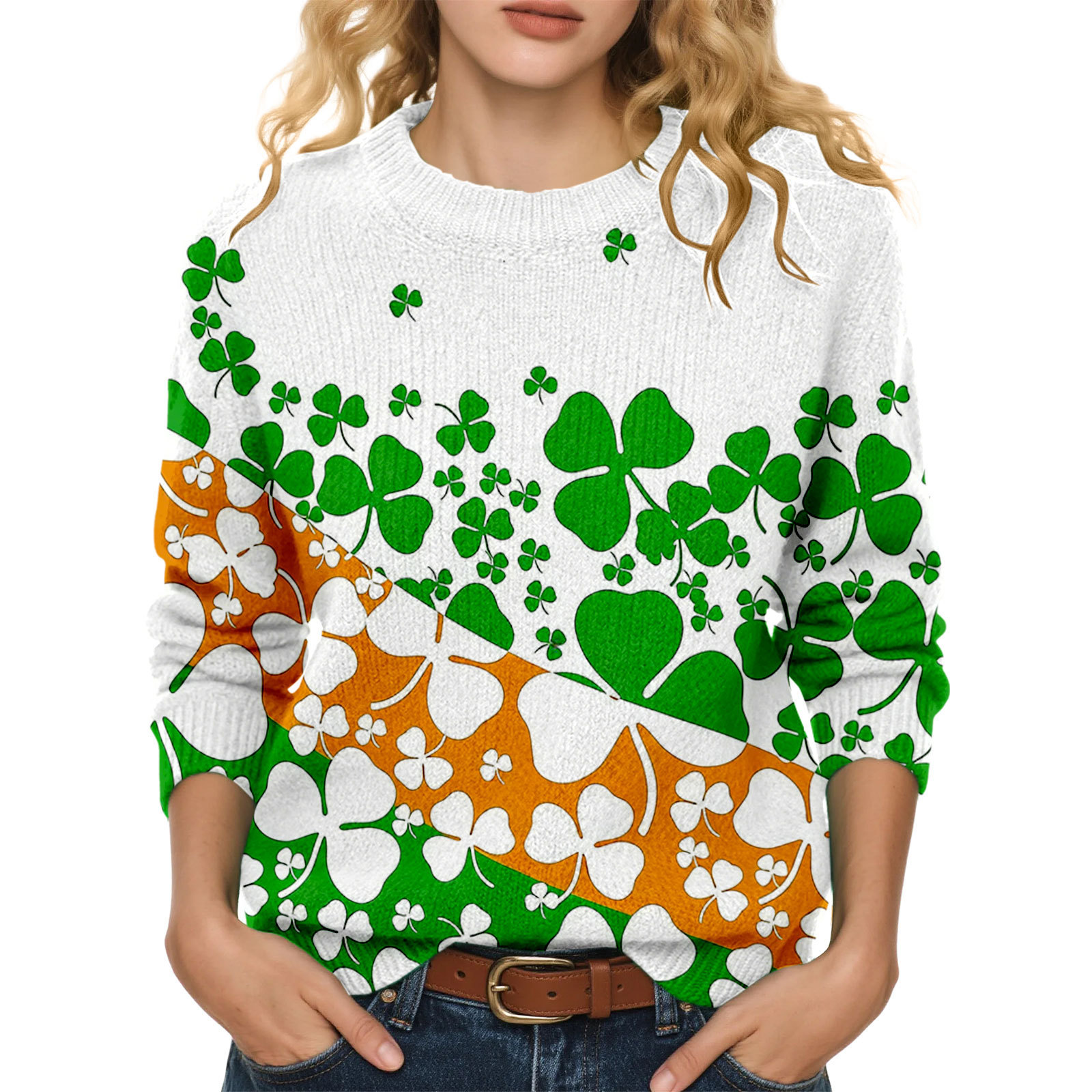 Lucky Clover Print Crewneck Sweatshirt for Women Casual Pullover