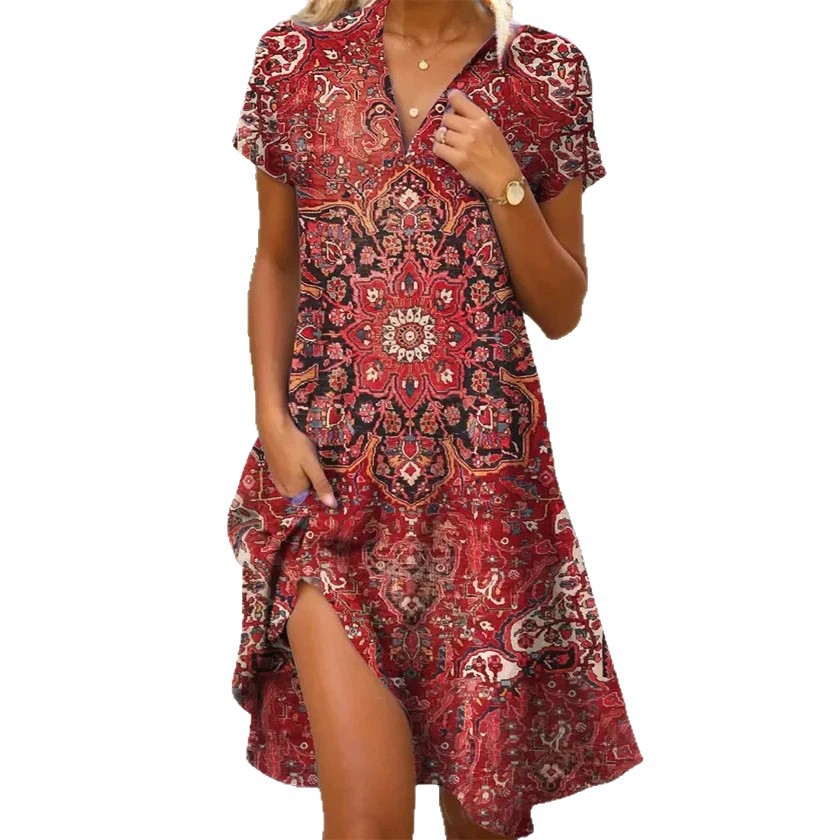 Women's Floral Print Casual Midi Dress Short Sleeve Deep V-Neck Slim Fit