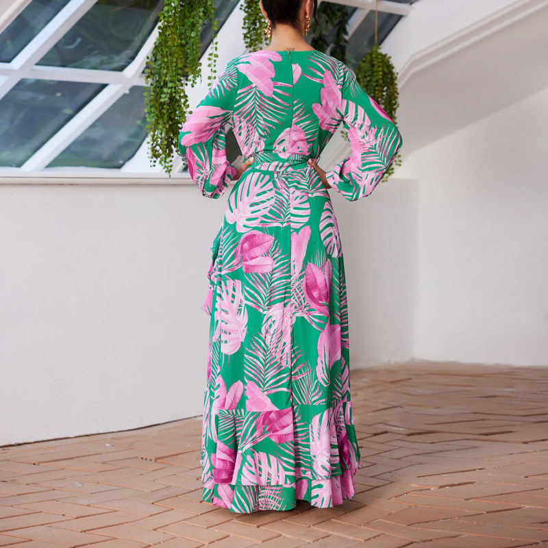 Floral Print V-Neck High-Waist Long Dress