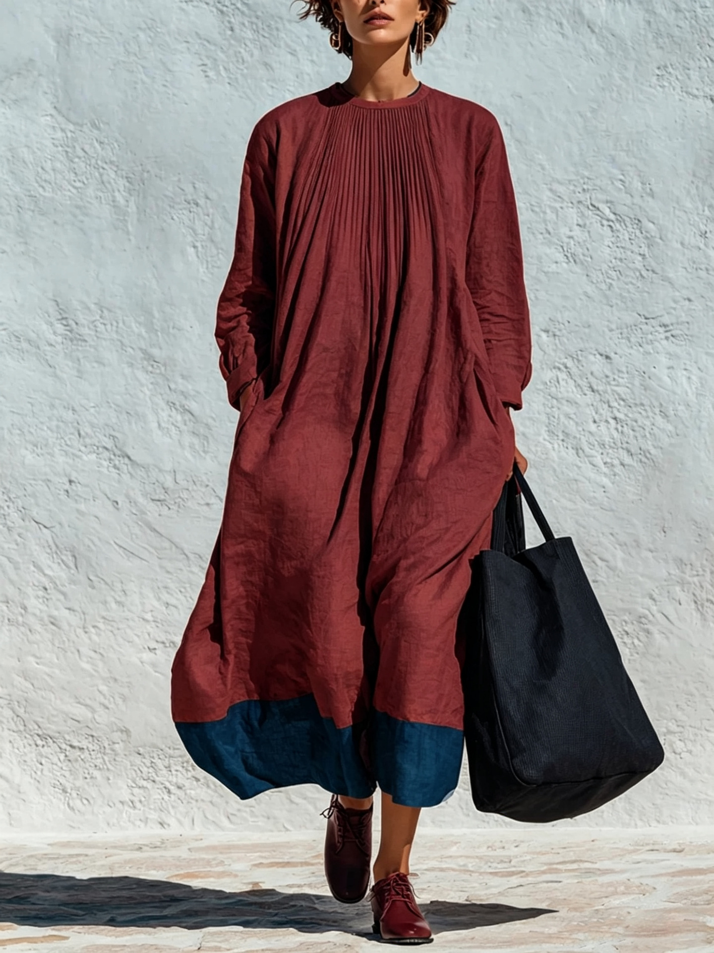 Women's Crewneck Pleated Colorblock Linen Blend Loose Long Sleeve Dress