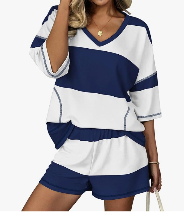 Striped Short Sleeve Top and Casual Shorts Two-Piece Set