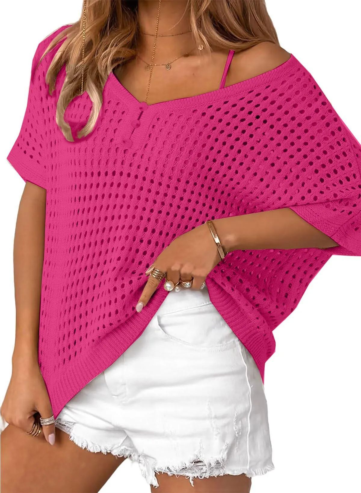 Women's V-Neck Short Sleeve Button Crochet Hollow Knit Top Beach Cover-Up
