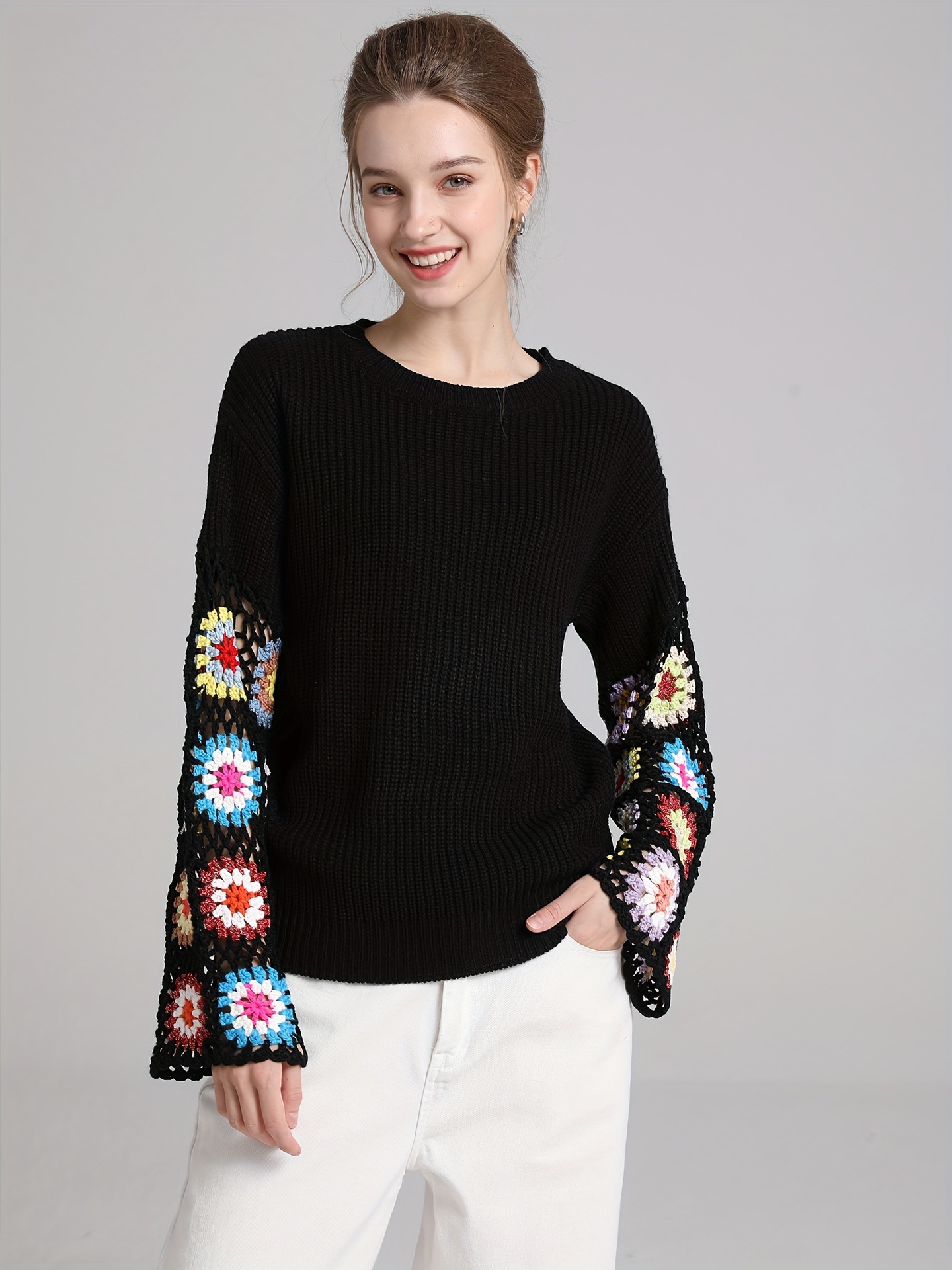 Women's Crochet Flared-Sleeve Pullover Sweater with Hollow-Out Colorblock Design