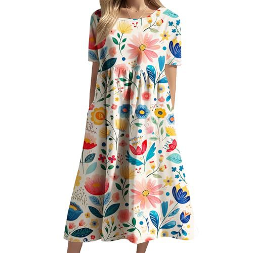 Women's Floral Print Ruched Midi Dress Short Sleeve Crew Neck