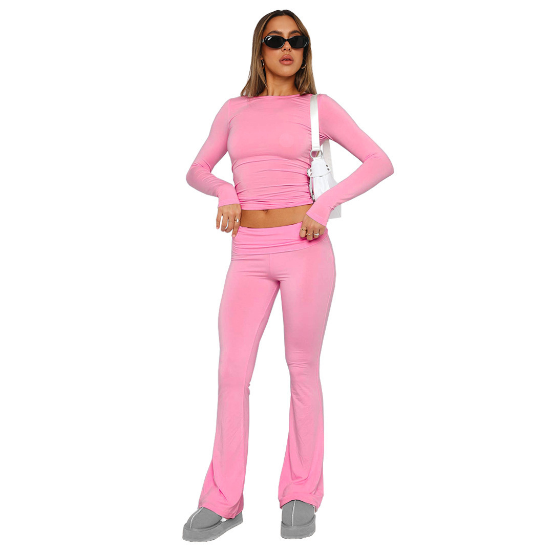 Women's Solid Color Long Sleeve Top and Pants Two-Piece Set