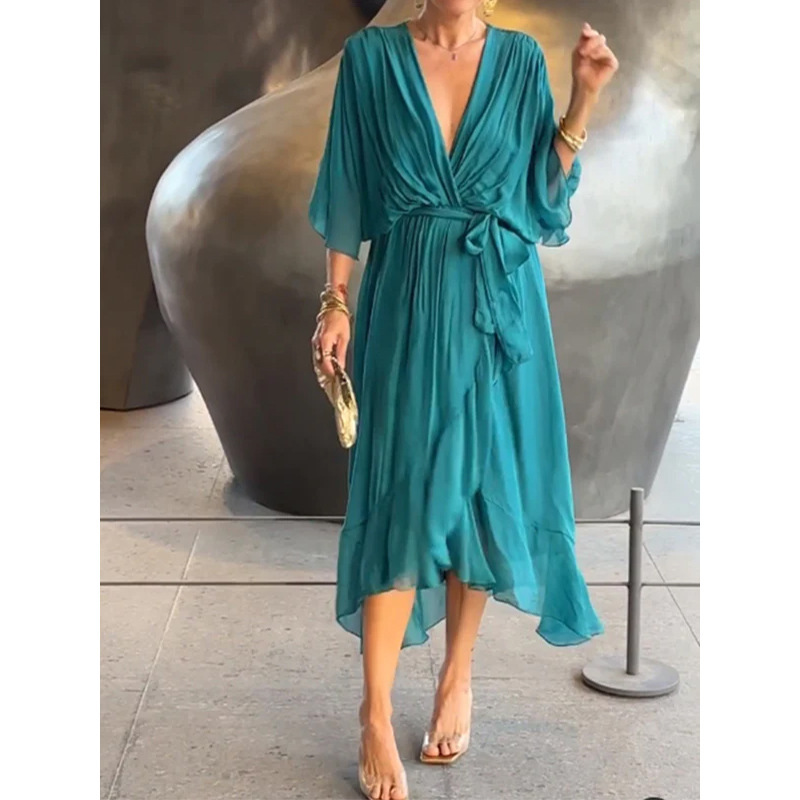 Women's Solid Color Tie-Waist Batwing Sleeve Irregular Long Dress Plus Size