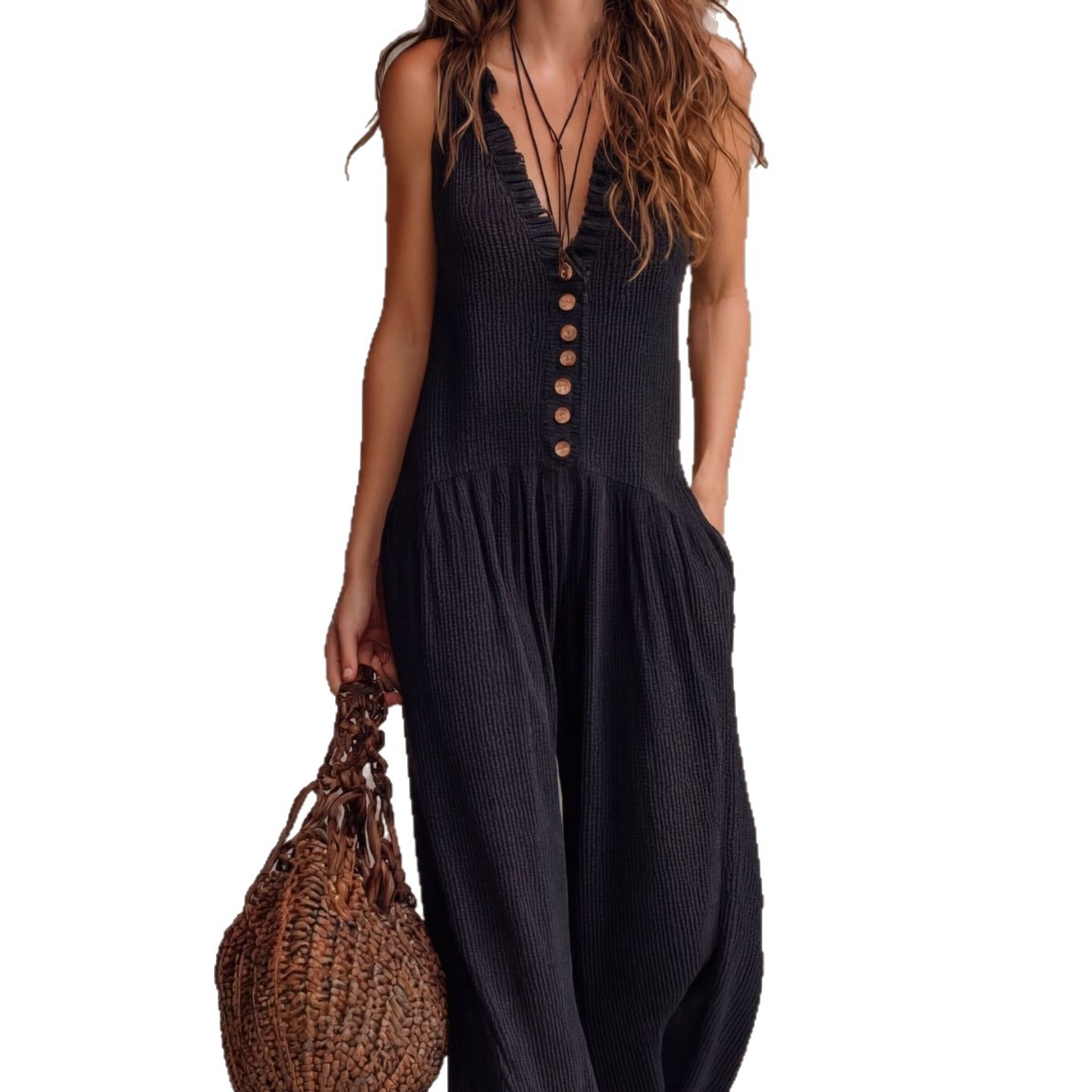 Women's Boho V-Neck Wide-Leg Jumpsuit