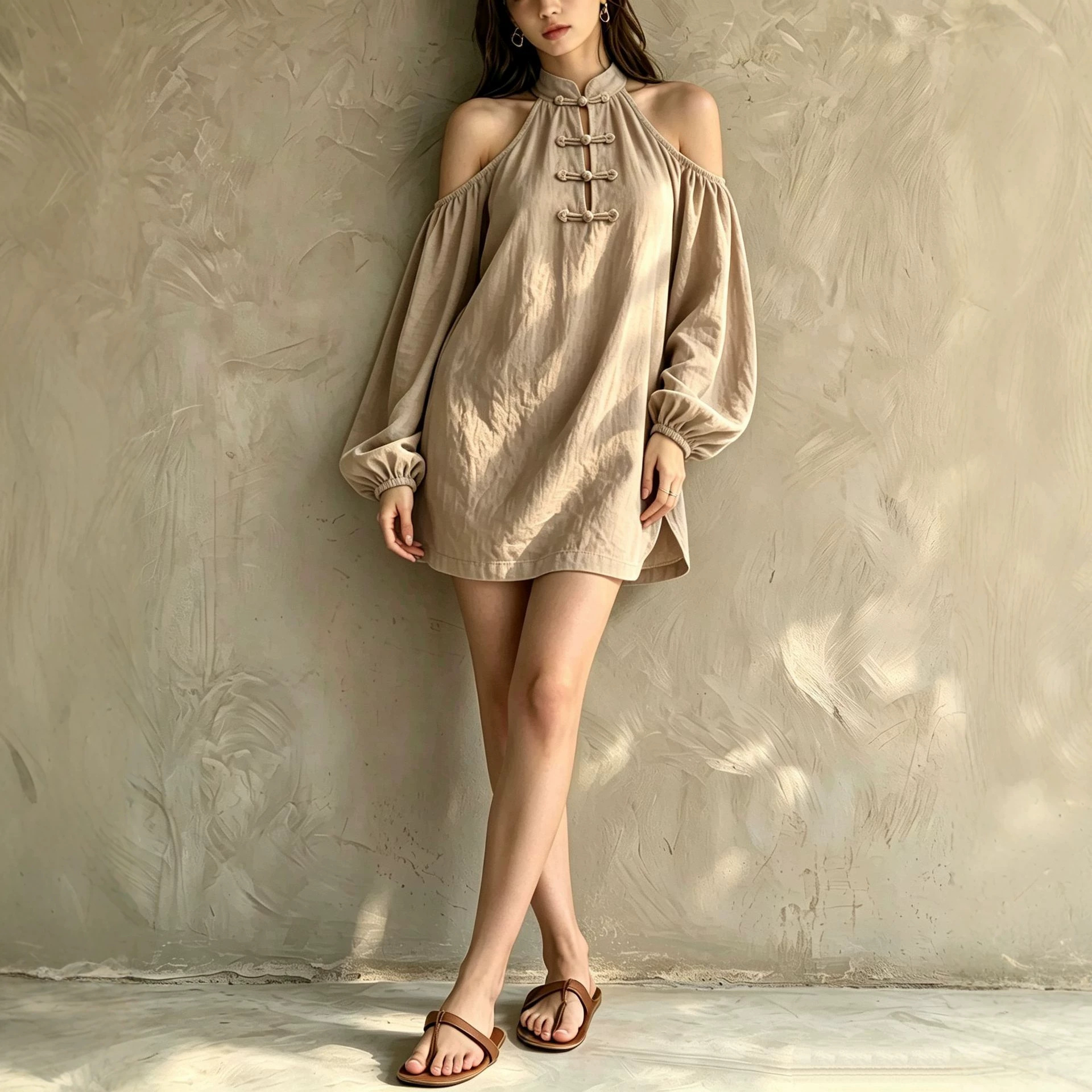Women's Off-Shoulder Long Sleeve Solid Color Loose Cotton Linen Dress