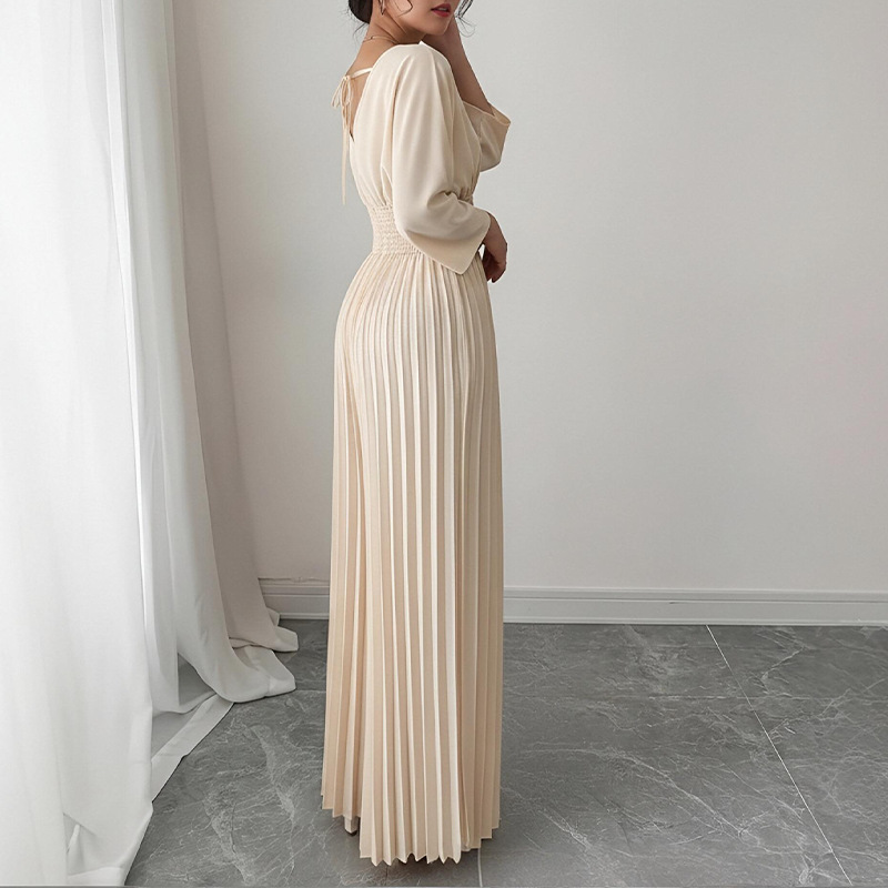 Women's Elegant Solid Color Waist-Cinched Pleated Wide-Leg Jumpsuit