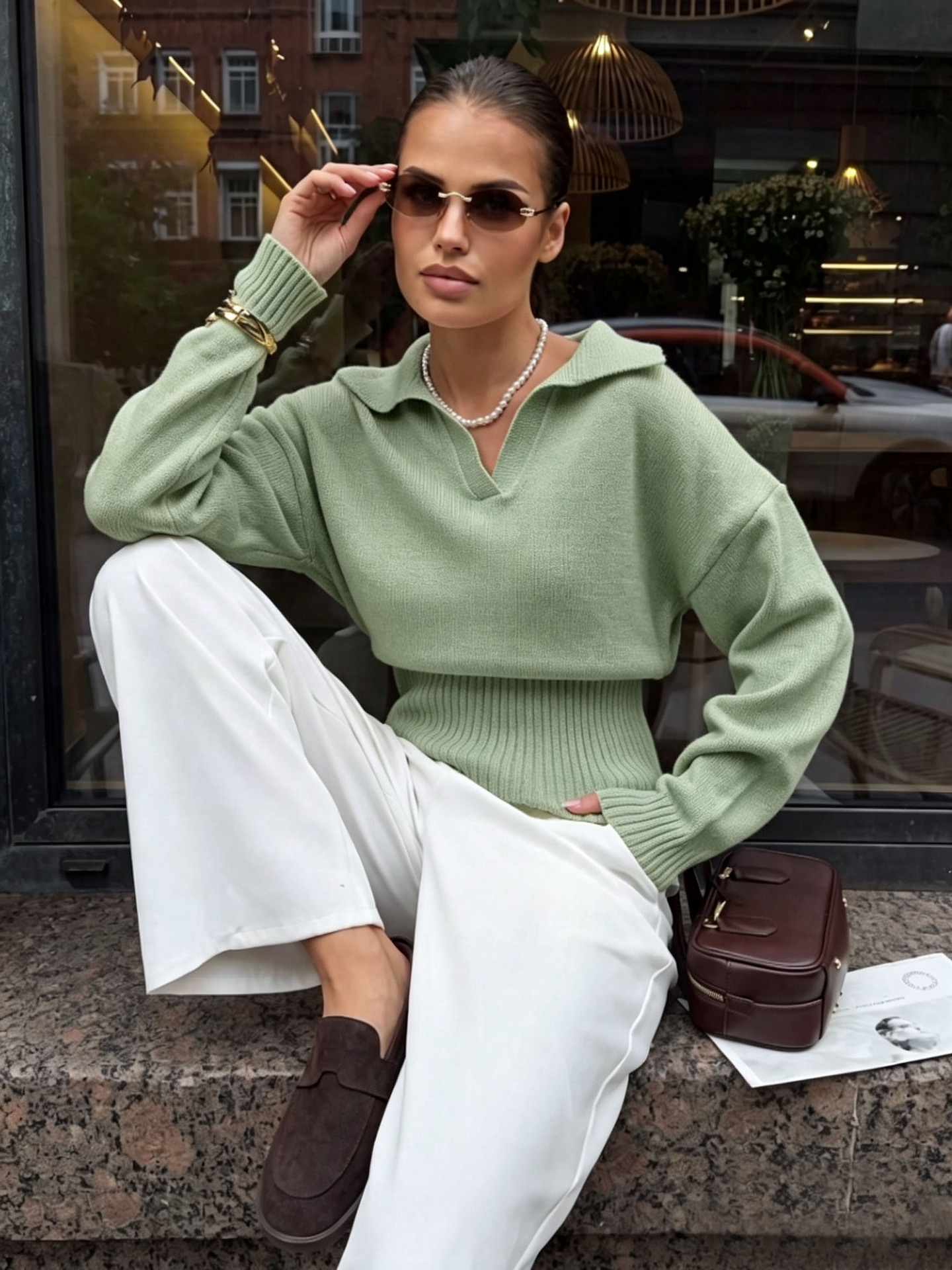 Women's V-Neck Fitted Waist Loose Long Sleeve Pullover Top