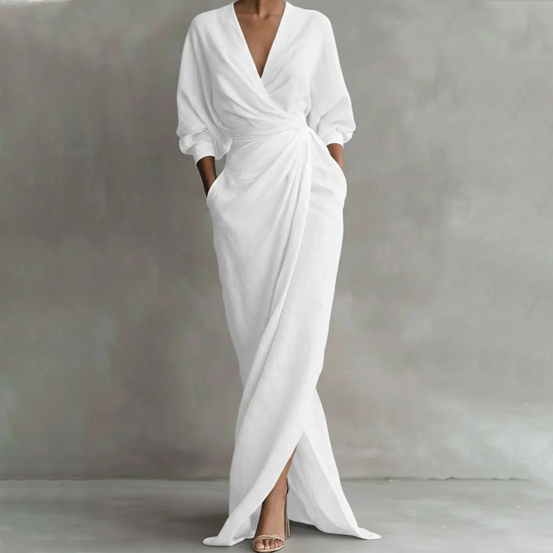 Women's Elegant Solid Cross V-Neck Long Sleeve Slim Waist Midi Dress