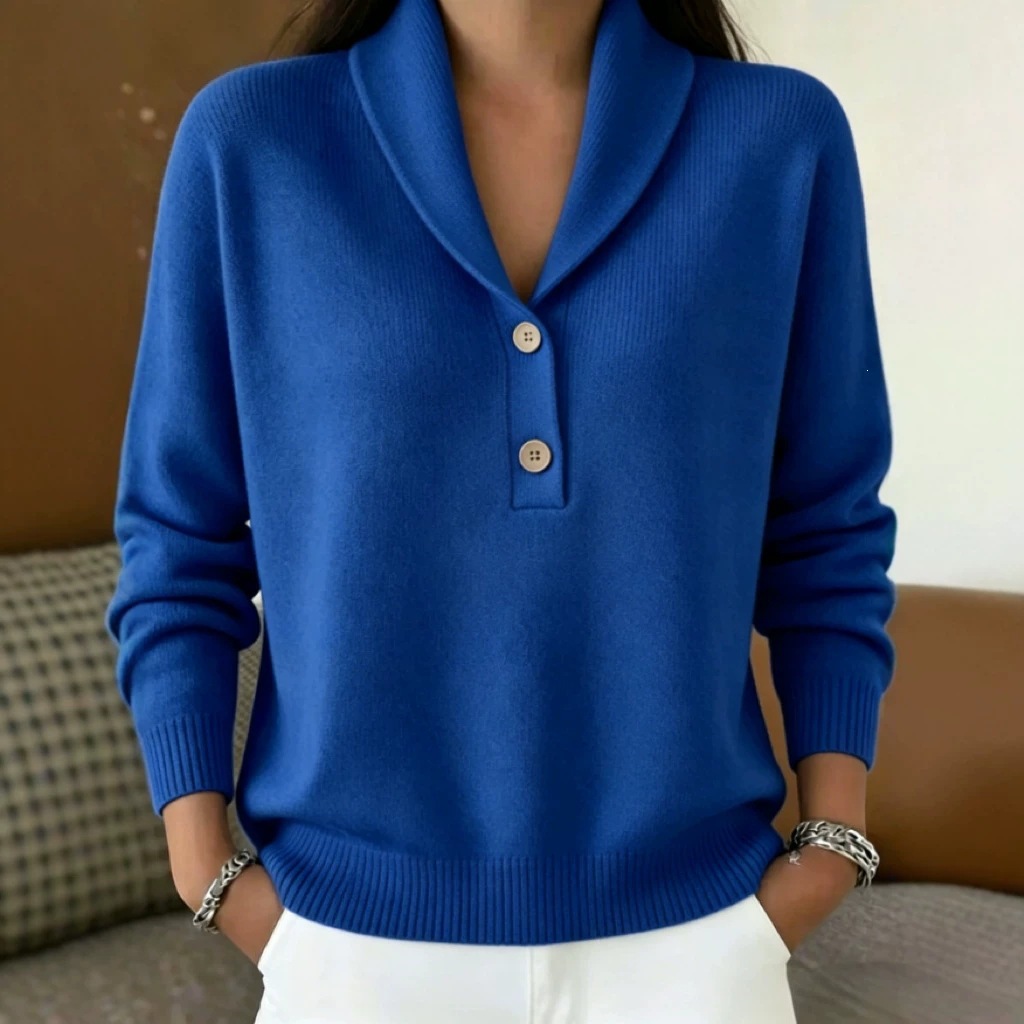 Soft Skin-Friendly Shawl Collar Knit Sweater Women's Two-Button Half-Open Neck Loose Solid Pullover