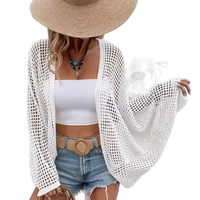 Women's Solid Color Hollow-Out Knit Cardigan Loose Casual Beach Cover-Up