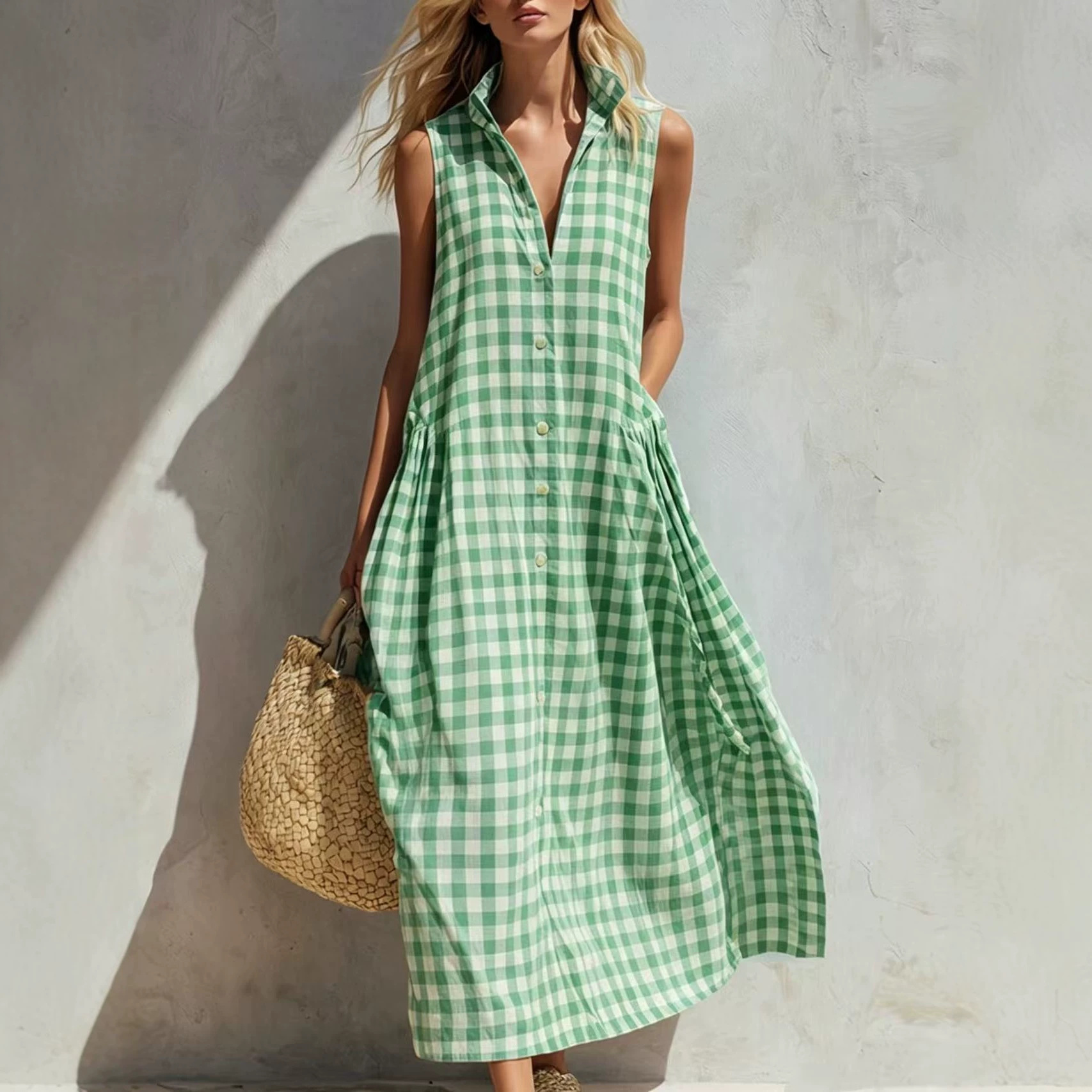 Sleeveless Plaid Loose Long Dress