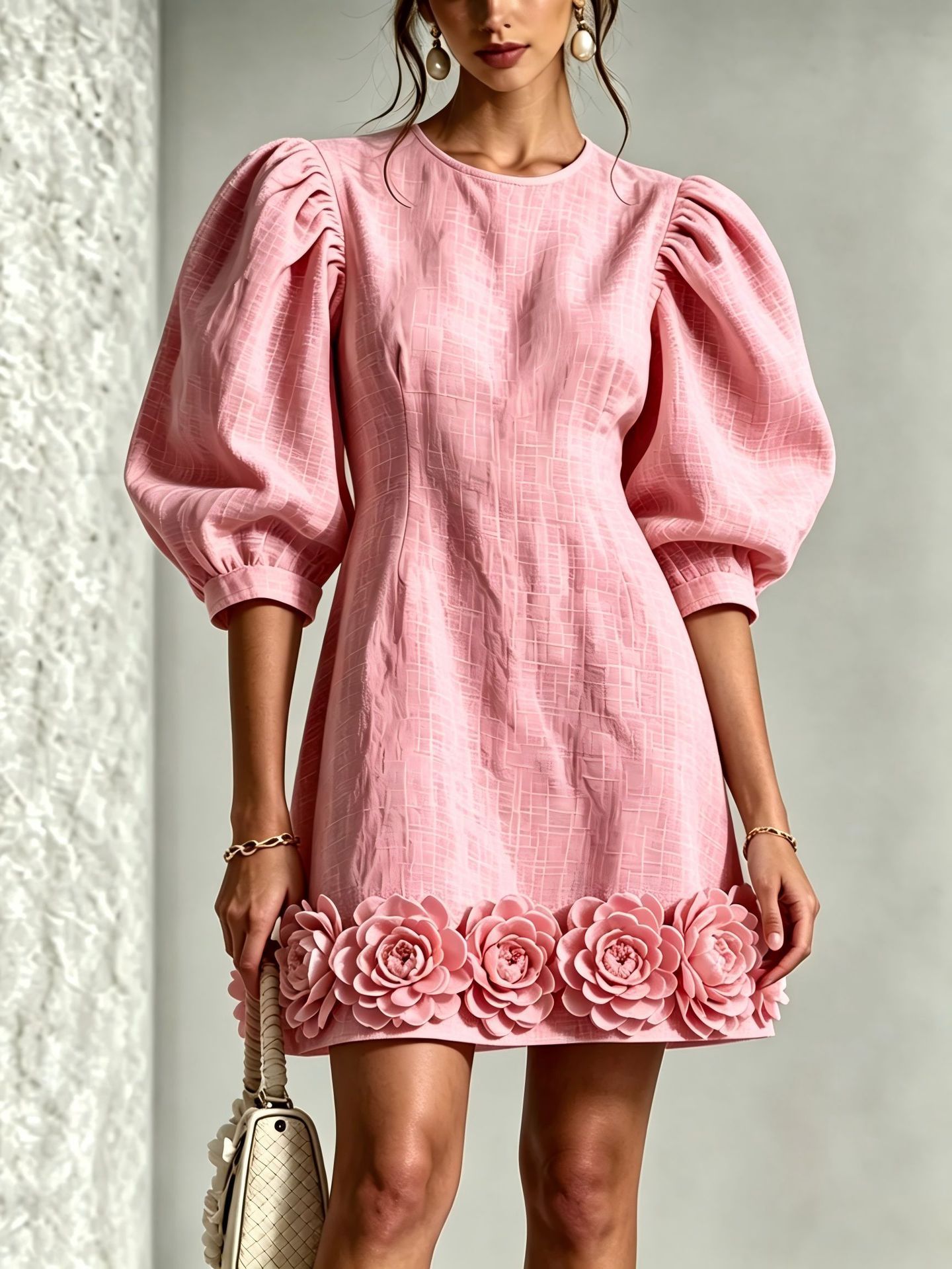 3D Floral French Puff Sleeve Midi Dress
