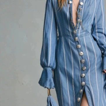 Blue Striped Button-Front Long Sleeve Maxi Dress