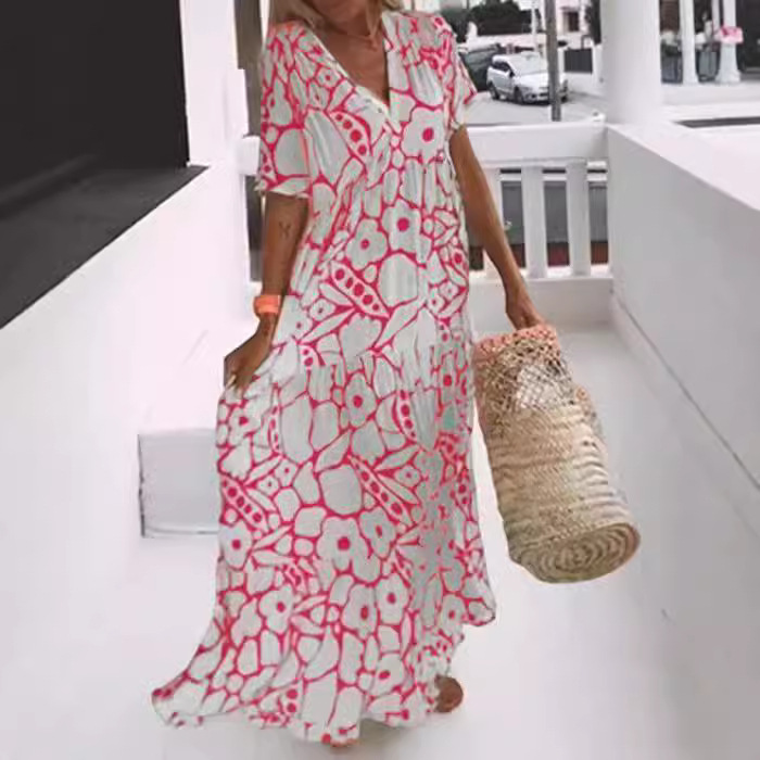 Women's Summer Printed Short Sleeve Deep V-Neck Long Dress