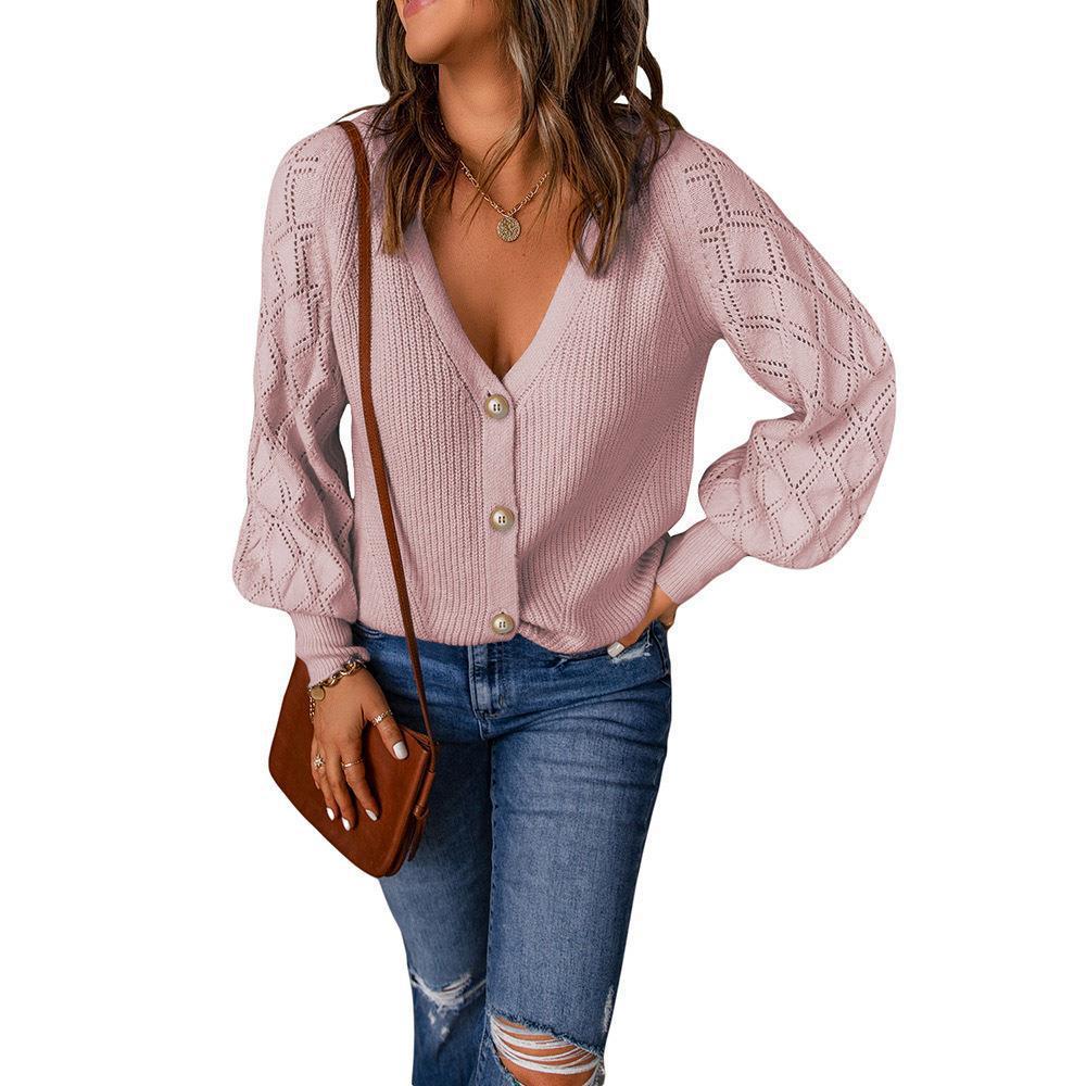 Women's Solid Quilted Puff Sleeve Knit Cardigan Loose Single-Breasted Open-Front Sweater