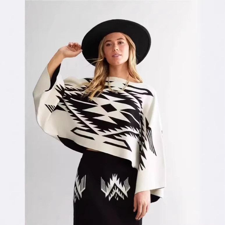 Women's Loose Knit Batwing Top with Print