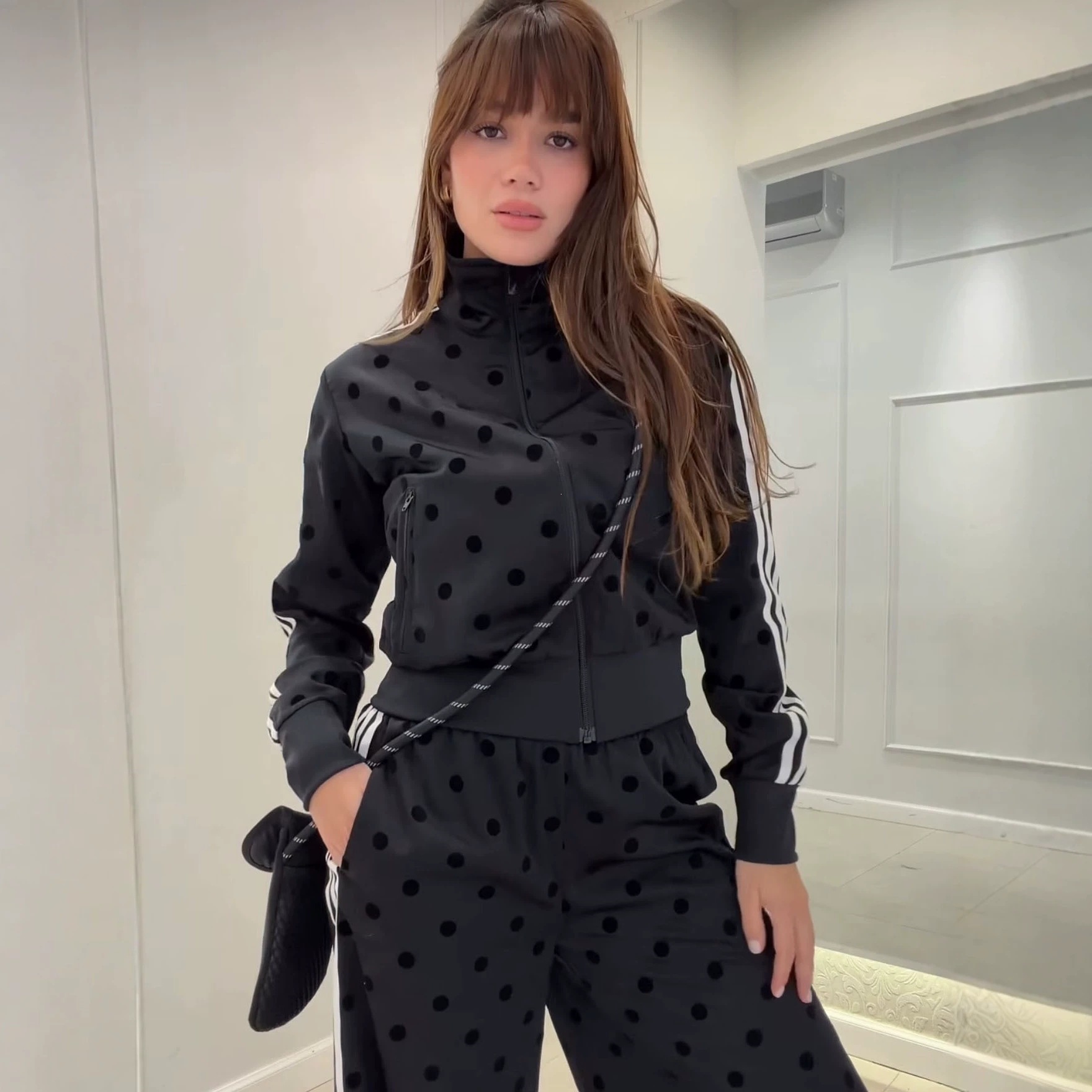 Polka Dot Three-Stripe Casual Set with Retro Stand Collar Jacket and Wide-Leg Pants