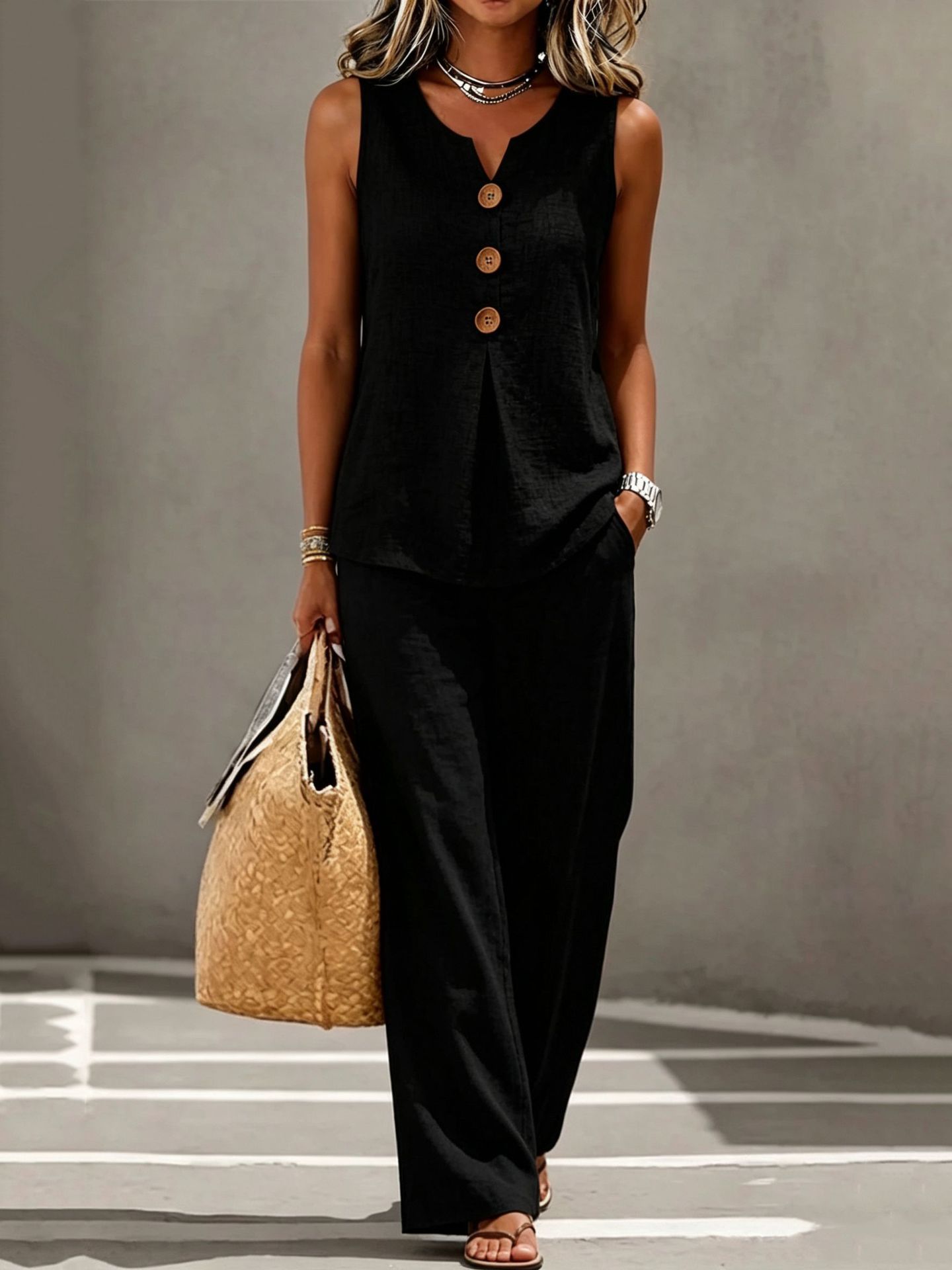 Women's V-Neck Button Sleeveless Tank Top and Pants Two-Piece Set