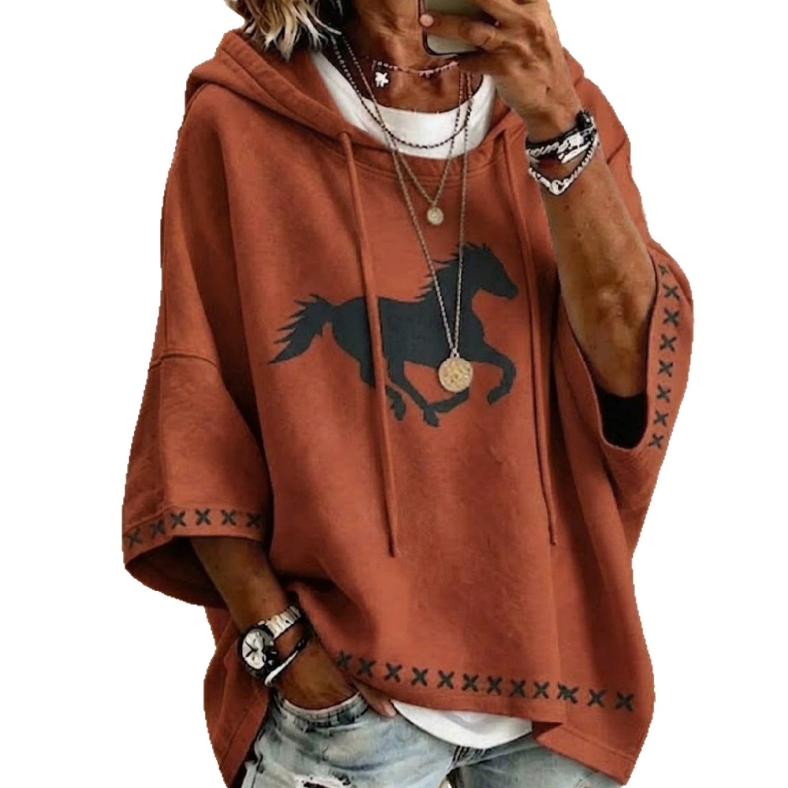 Women's Vintage Black Horse Print Drawstring Hoodie 3/4 Sleeve Loose Drop Shoulder Western Sweatshirt Camel