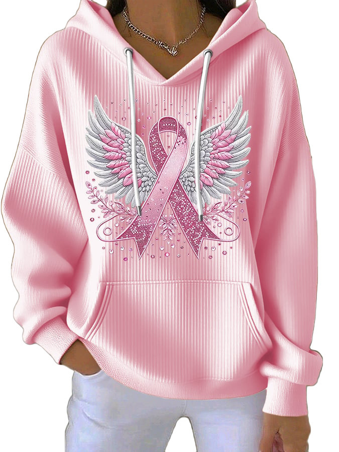 Women's Ribbed Knit Cartoon Print Hooded Long Sleeve Sweatshirt