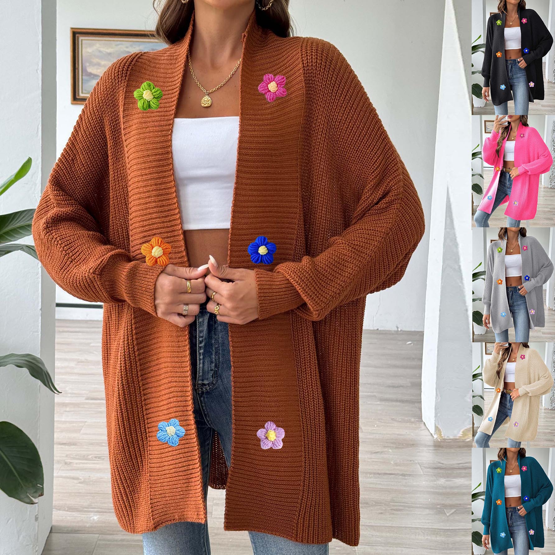 Women's Hand-Crochet Floral Patchwork Loose Cardigan Sweater