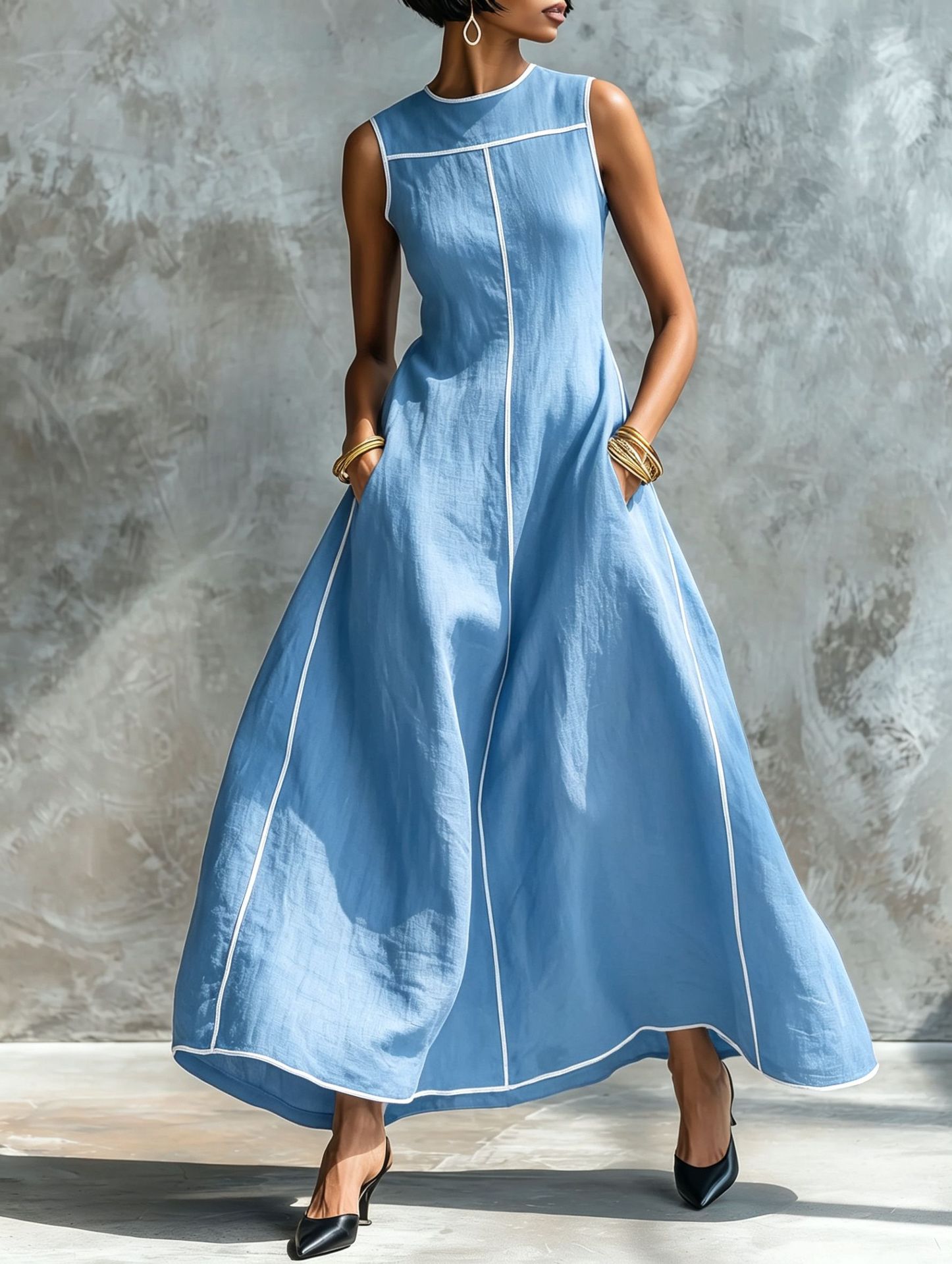 Women's Linen-Blend Sleeveless A-Line Dress with Contrast Trim