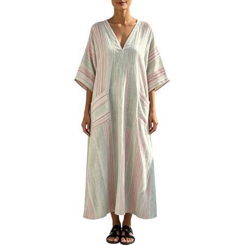 Women's Plaid & Solid Print Midi Dress with Deep V-Neck and Five-Quarter Sleeves