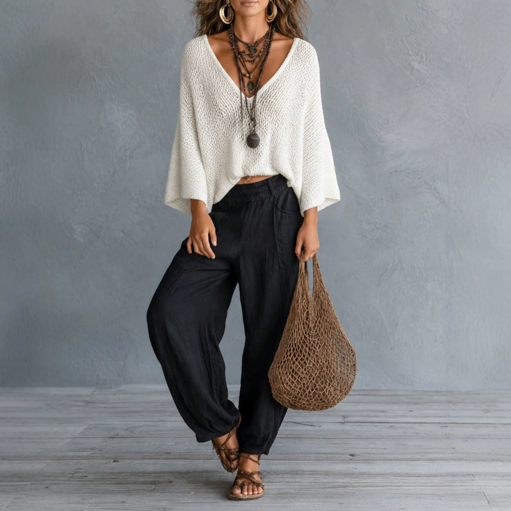 Women's Retro Open-Knit V-Neck Dolman Sleeve Pullover Sweater