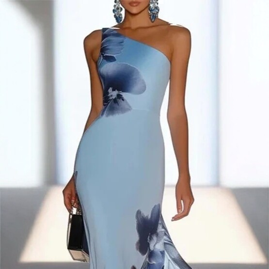 Blue Printed One-Shoulder Long Dress Elegant Evening Gown