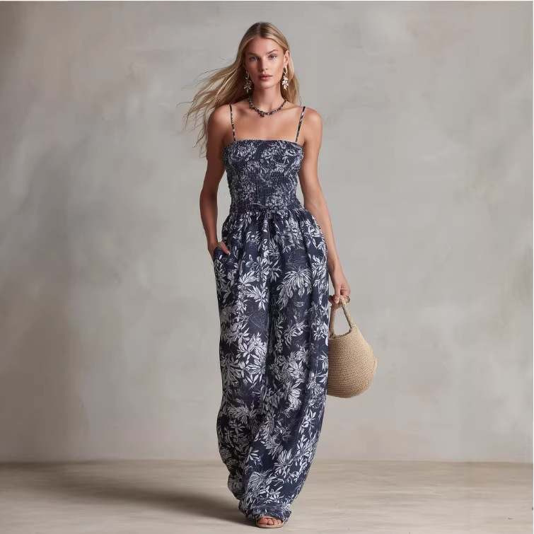 Navy Botanical Print Chiffon Off-Shoulder Jumpsuit with Detachable Straps