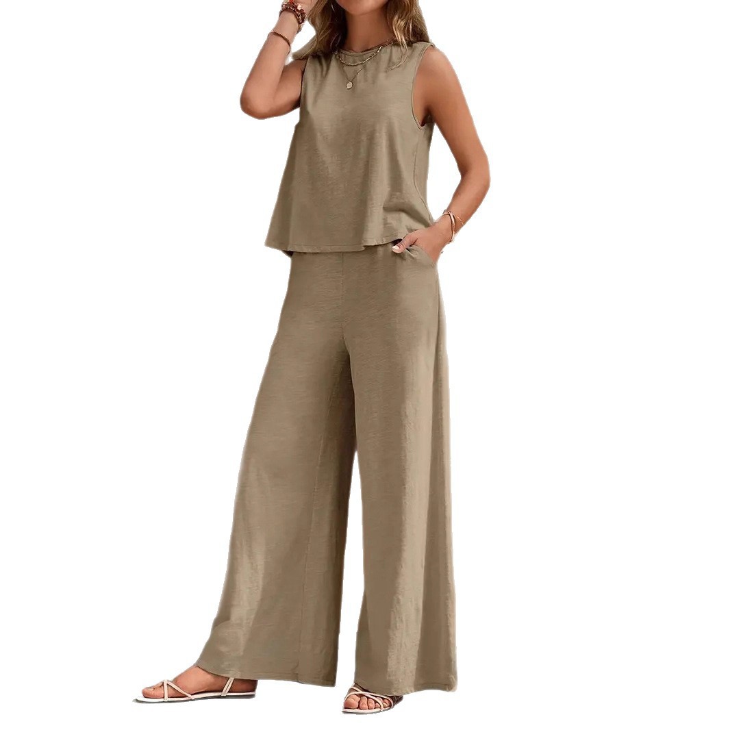 Solid Color Two-Piece Tank Top and Wide-Leg Pants Set