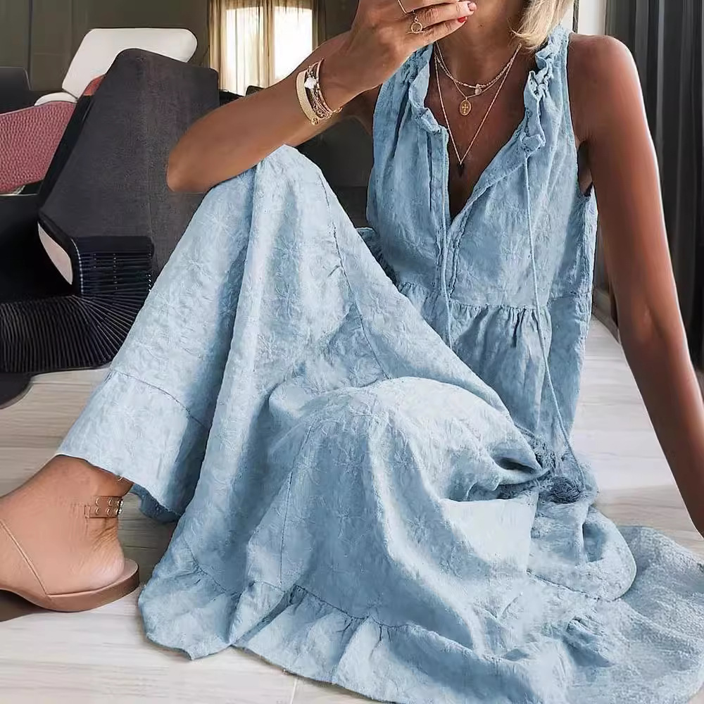 Sleeveless Cotton-Linen Umbrella Dress with Wavy Neckline