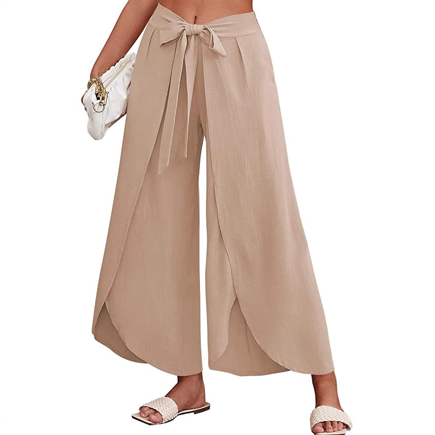 Boho High-Waist Split Wide-Leg Pants with Belt
