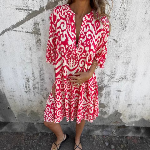 Women's V-Neck Floral Print Pleated Midi Dress with Four-Way Stretch