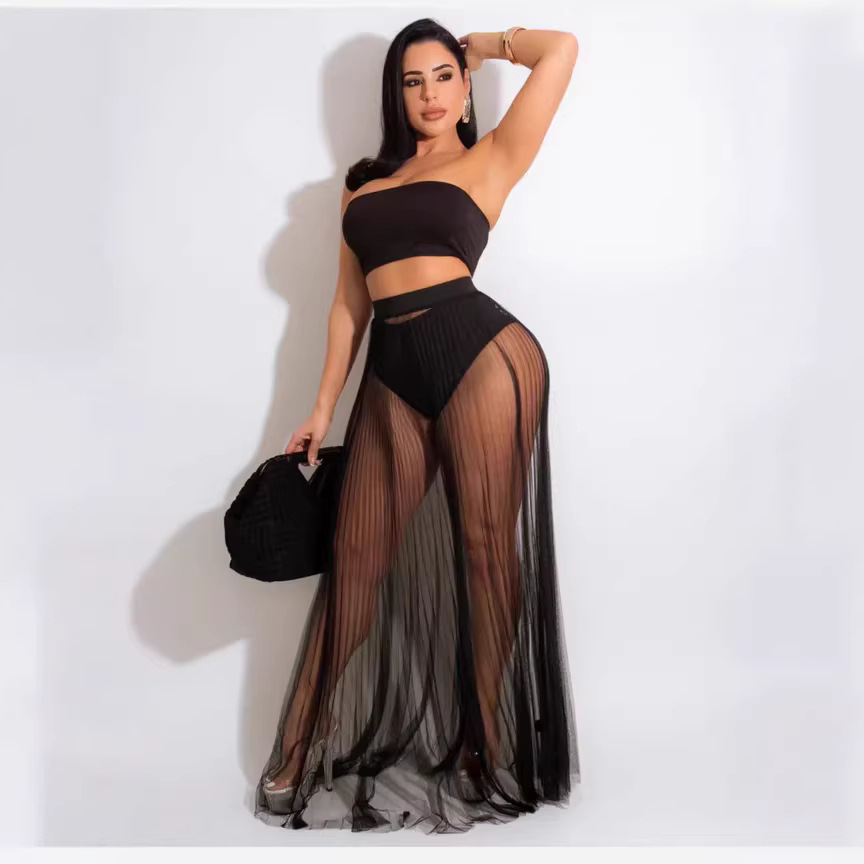 Women's Sheer Mesh Pleated Long Dress Bandeau Removable Pads 3-Piece Swimwear Set