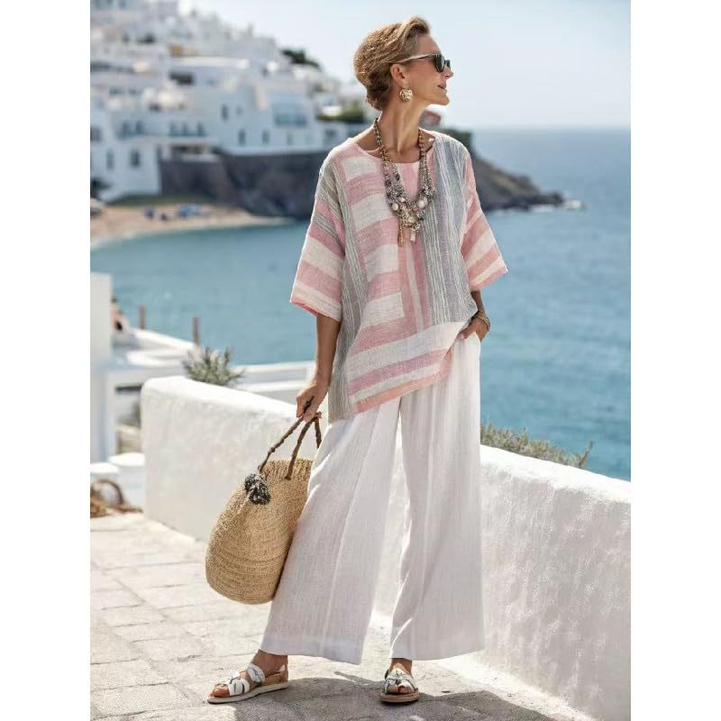 Bohemian Print Crewneck Short Sleeve Top and Pants Casual Set
