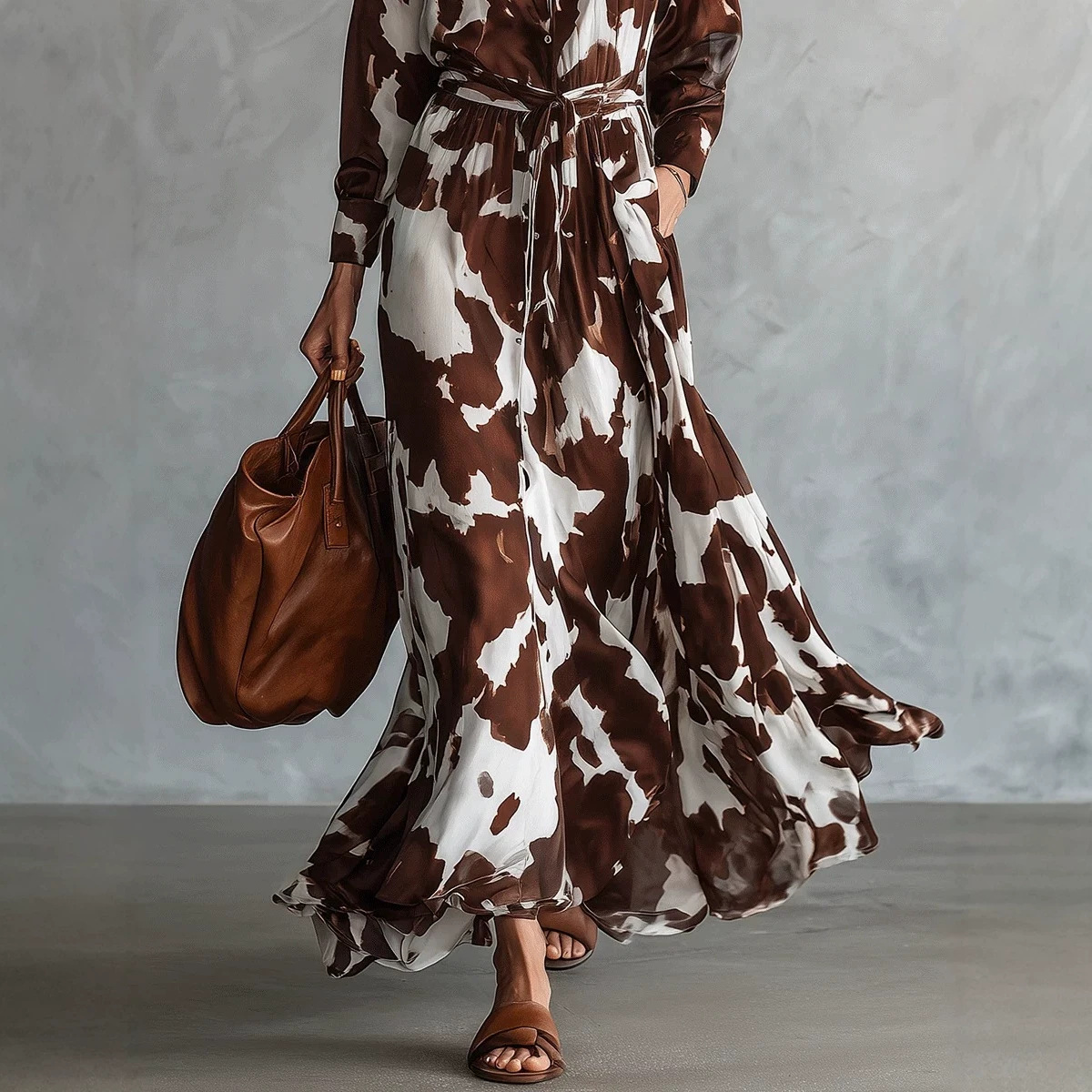 Brown & White Cow Print Long Sleeve Button-Front Waist-Defining Maxi Dress