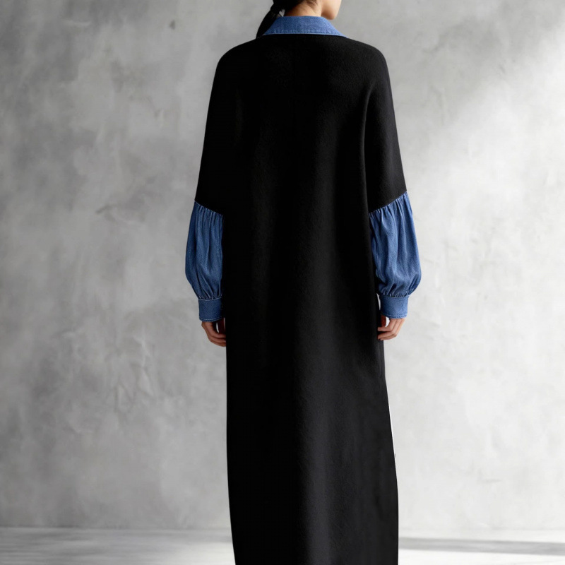 Retro Colorblock Denim-Look Polo Collar Lantern Sleeve Loose A-Line Dress