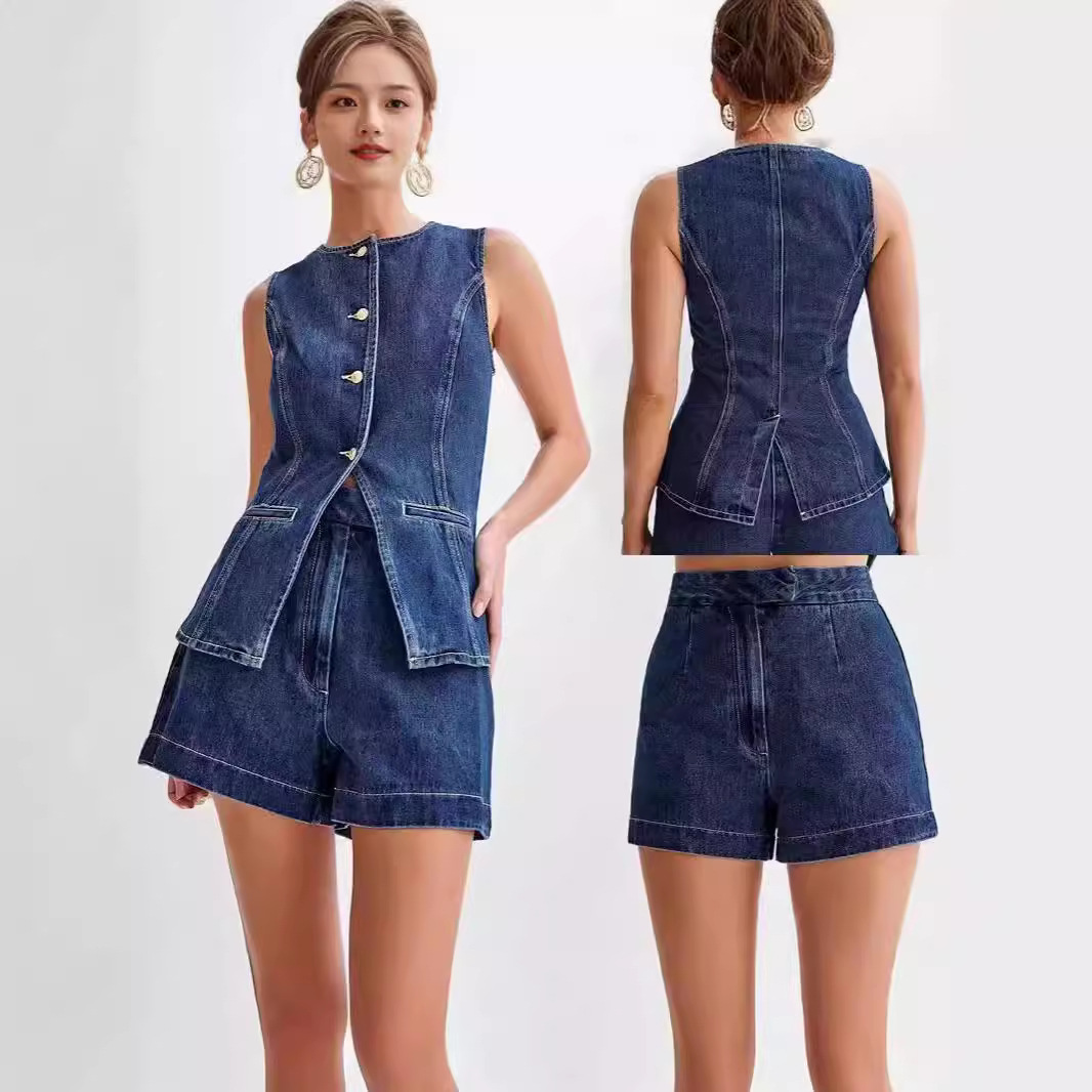 Sleeveless High-Waist Denim Shorts Set