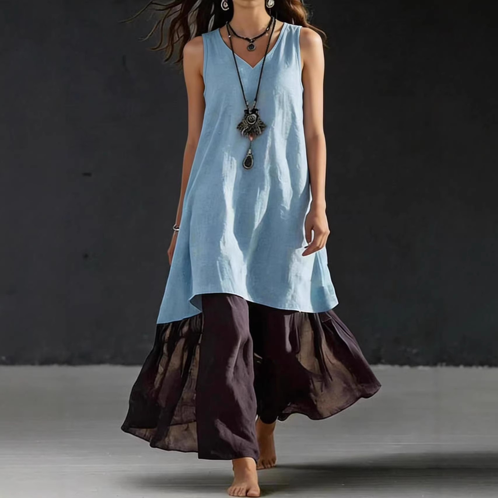 Solid Color Sleeveless V-Neck A-Line Maxi Dress