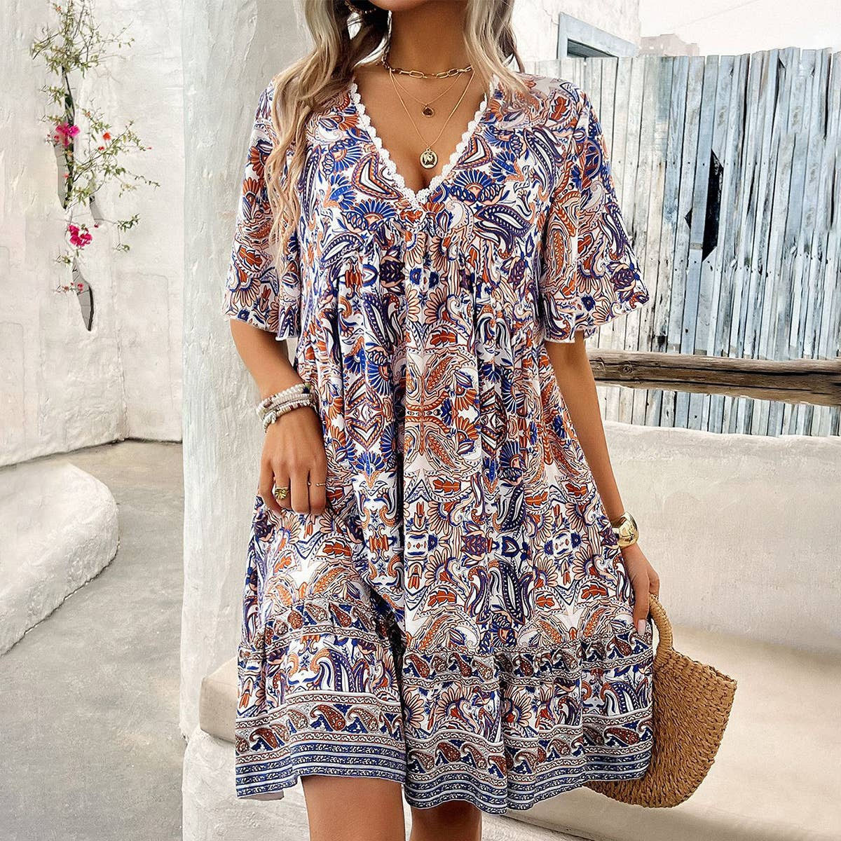 Floral Print Short Sleeve V-Neck Midi Dress with Lace Trim