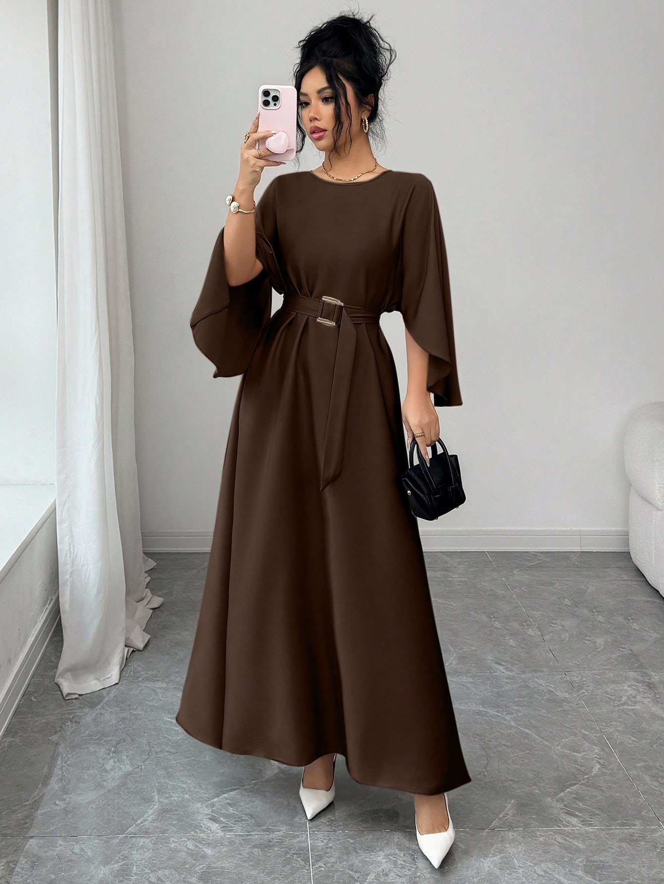 Women's Round Neck Tie-Waist Long Dress with Batwing Sleeves Solid Color