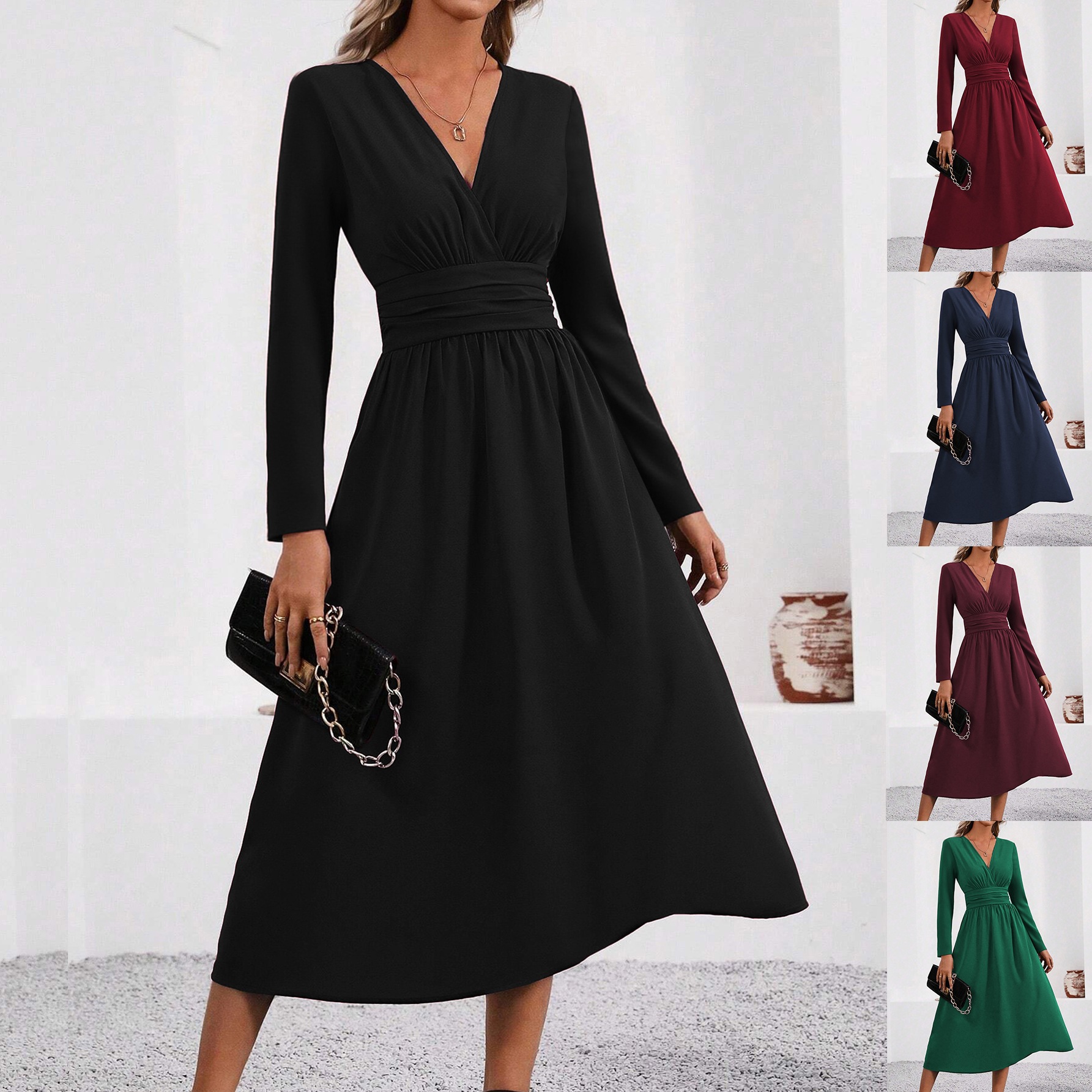Women's Solid Overlap V-Neck Long Sleeve Ruched Waist Long Dress