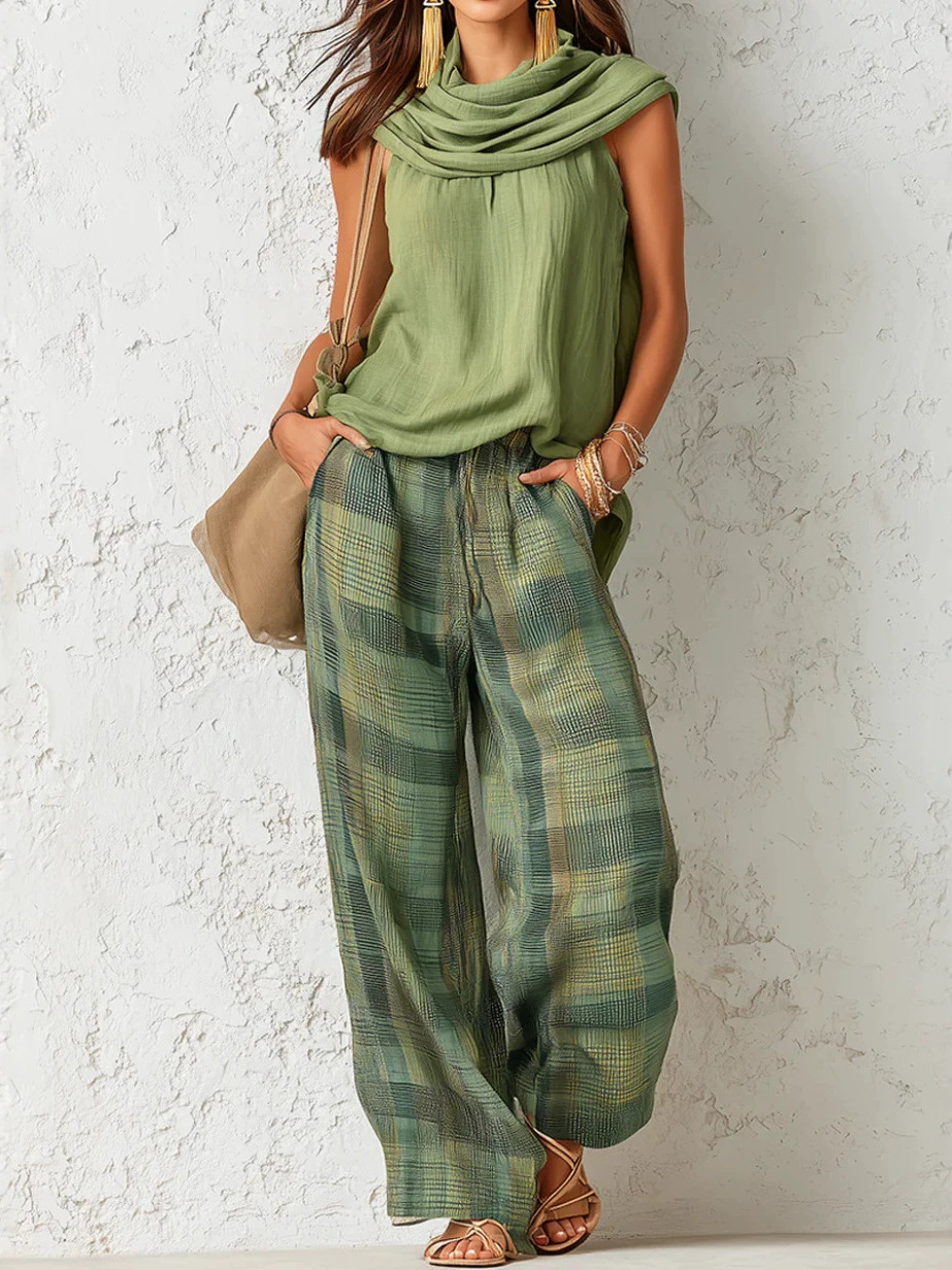 Women's Retro Sleeveless Top and Plaid Pants Two-Piece Set