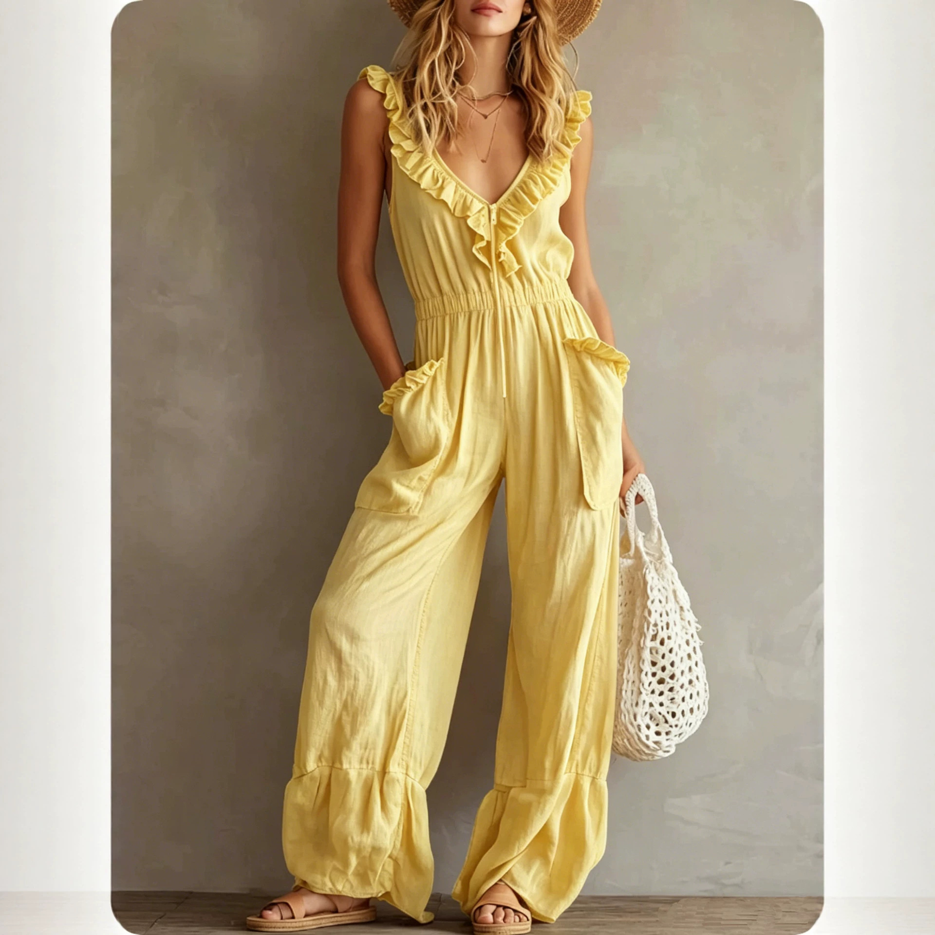 Sleeveless Pleated Solid Color Wide-Leg Jumpsuit