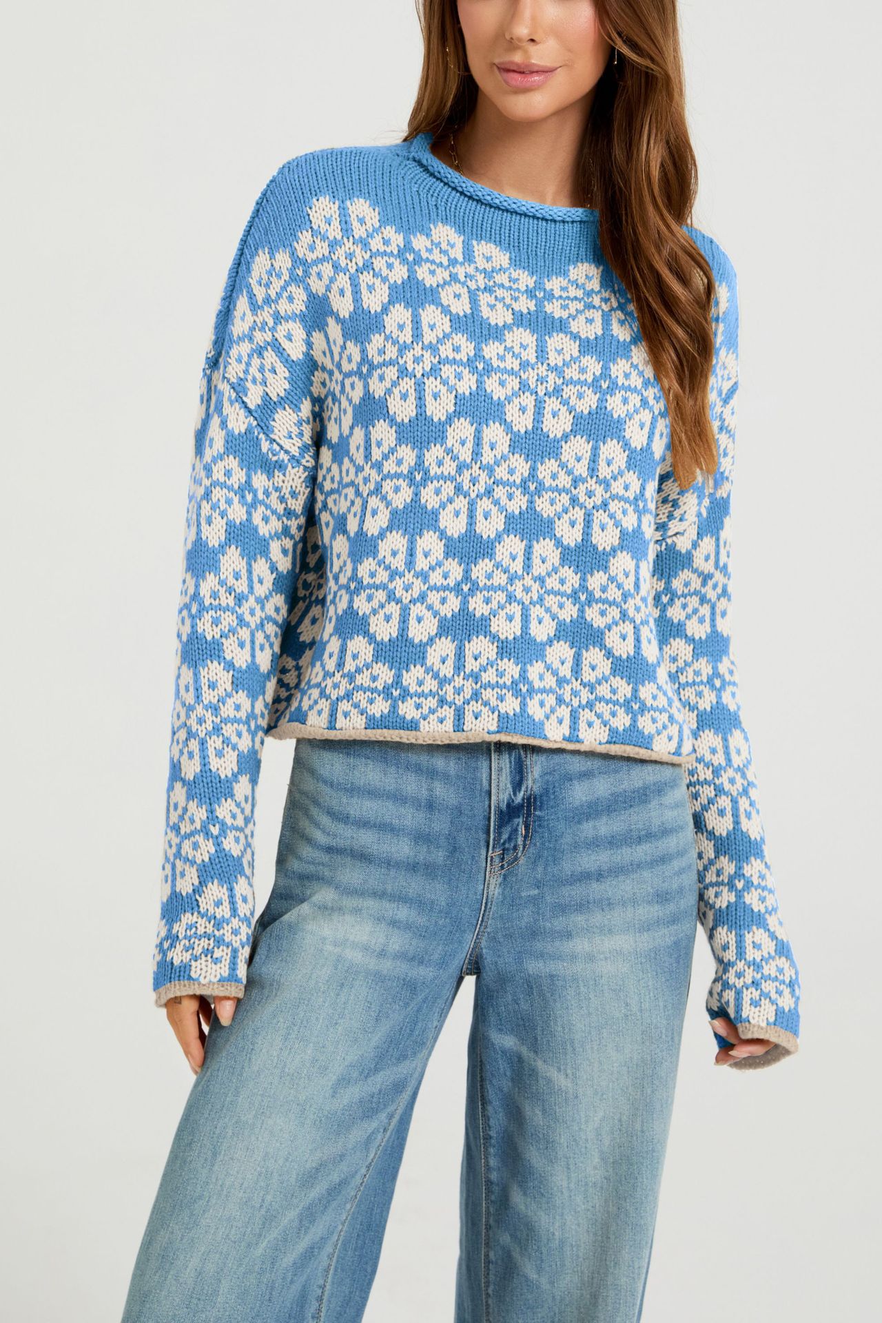 Women's Color-Block Jacquard Crewneck Sweater Loose Knit Pullover